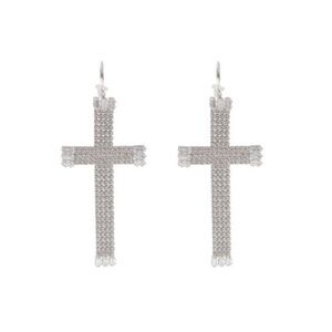 Womens Silver Stainless Steel Cross‎ Tassel Rhinestone Earrings Fashion Jewelry
